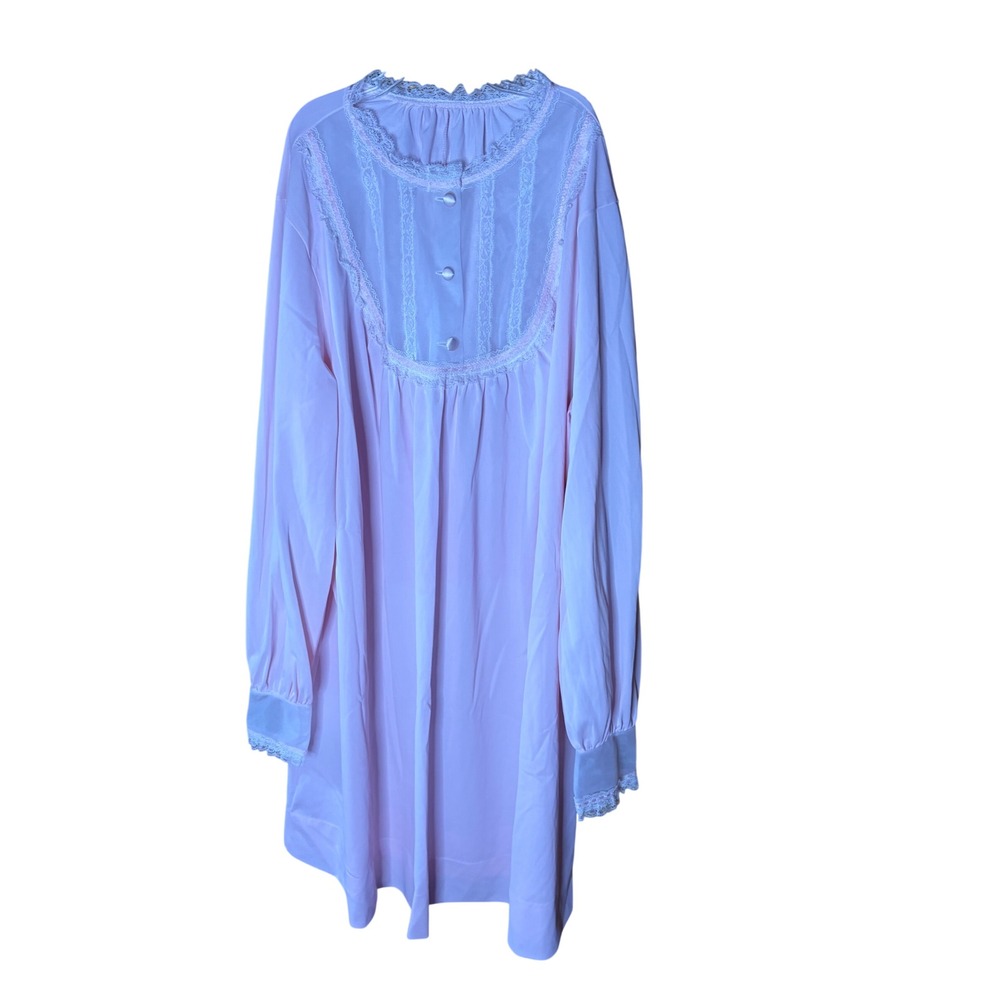 Vintage Vanity Fair Pink Nylon Nightgown Lace Trim Long Sleeve Sleepwear Size 10
